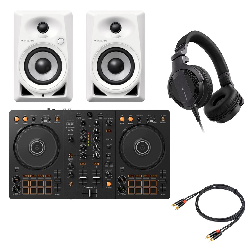 Pioneer Dj DDJ-FLX4 Controller + Casse DM-50D-WHT + HDJ-CUE1-K Cuffia + Cavo RCA