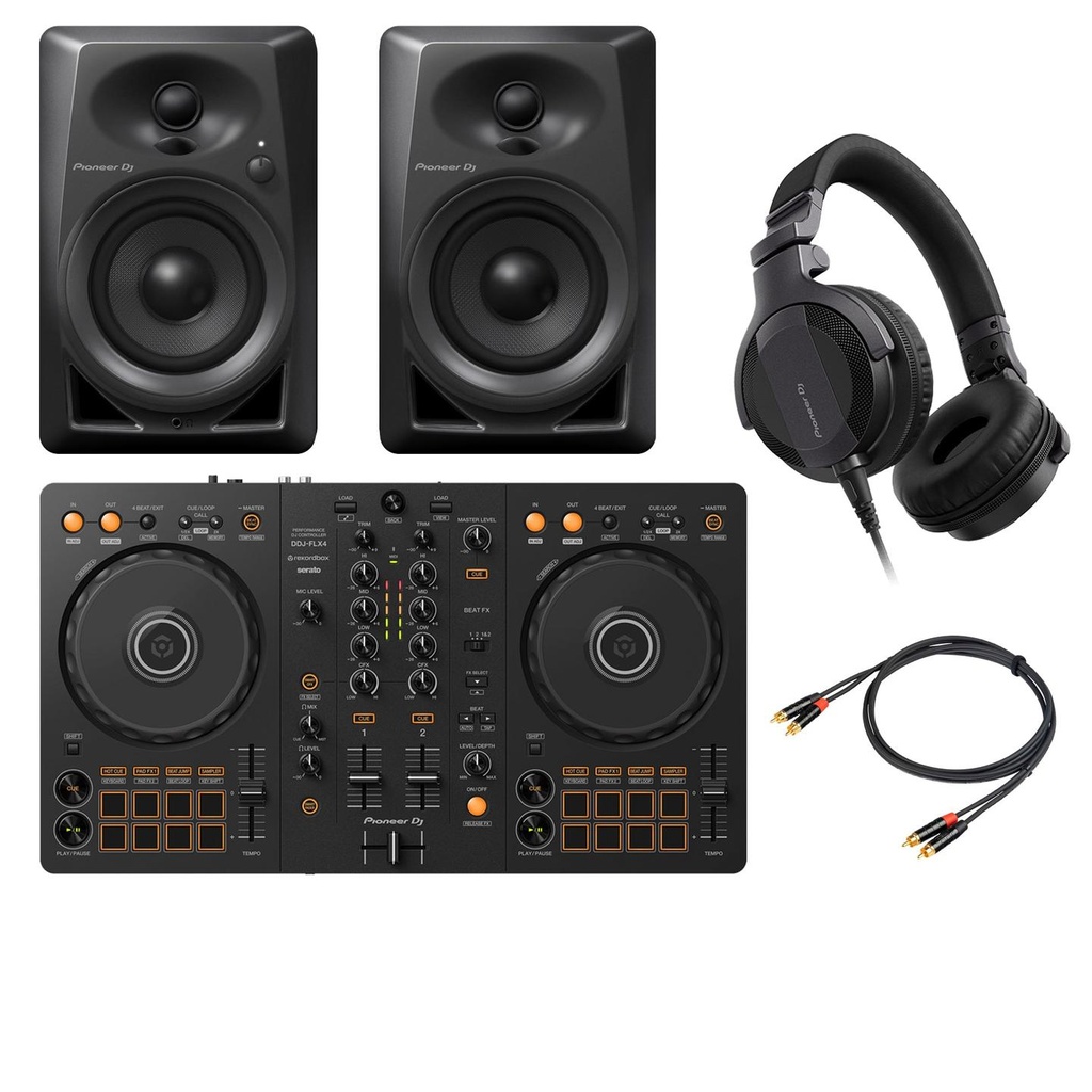 Pioneer Dj DDJ-FLX4 Controller + Casse DM-50D-BLK + HDJ-CUE1-K Cuffia + Cavo RCA