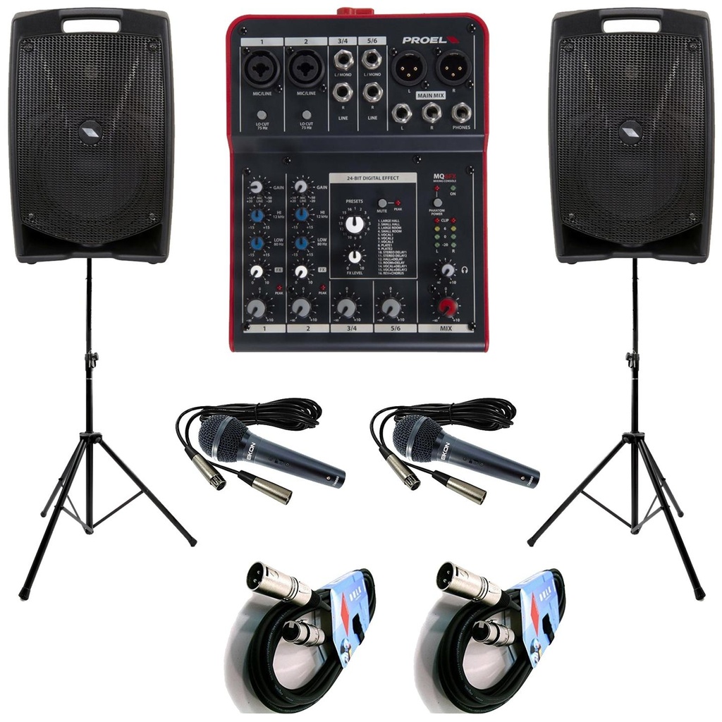 Proel V8PLUS Coppia Casse+MQ6FX Mixer+2Mic DM800+2Stativi+2Cavi