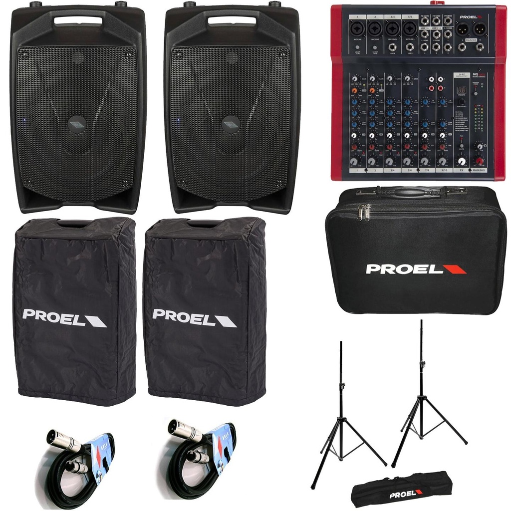 Proel V15 PRO 2 Diffusori 600W+MQ10FX MIXER+2COVERV15+FRE300KIT+2BULK250LU10