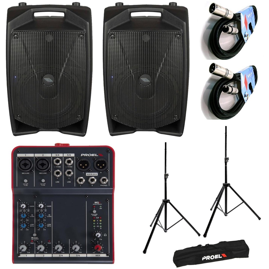 Proel V10 PRO 2 Diffusori Audio Attivo 600W+MQ6 MIXER +FRE300KIT +2x BULK250LU10