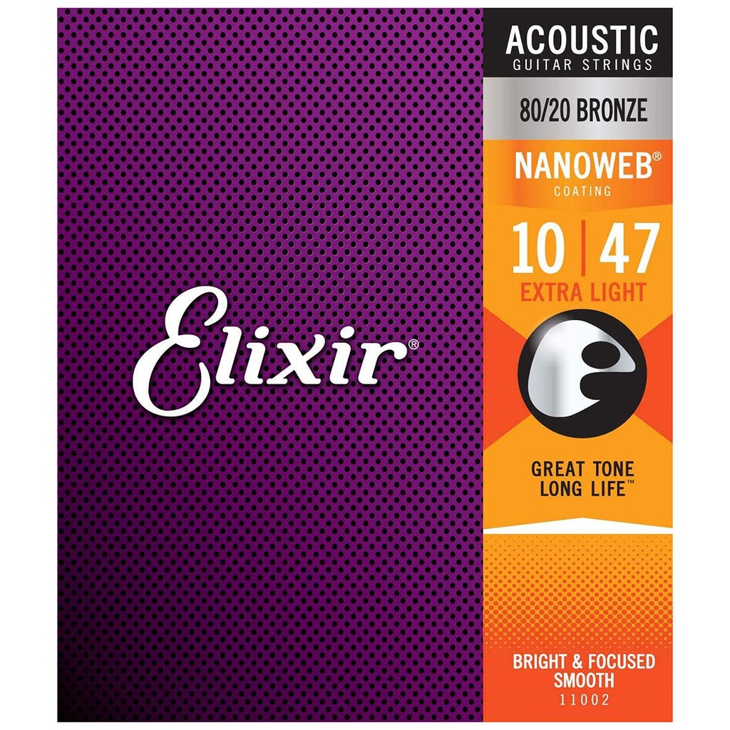 [10226] Elixir 11002 Nanoweb Extra Light Ac. Br. Set 6 Corde x Chitarra Acustica 010-047