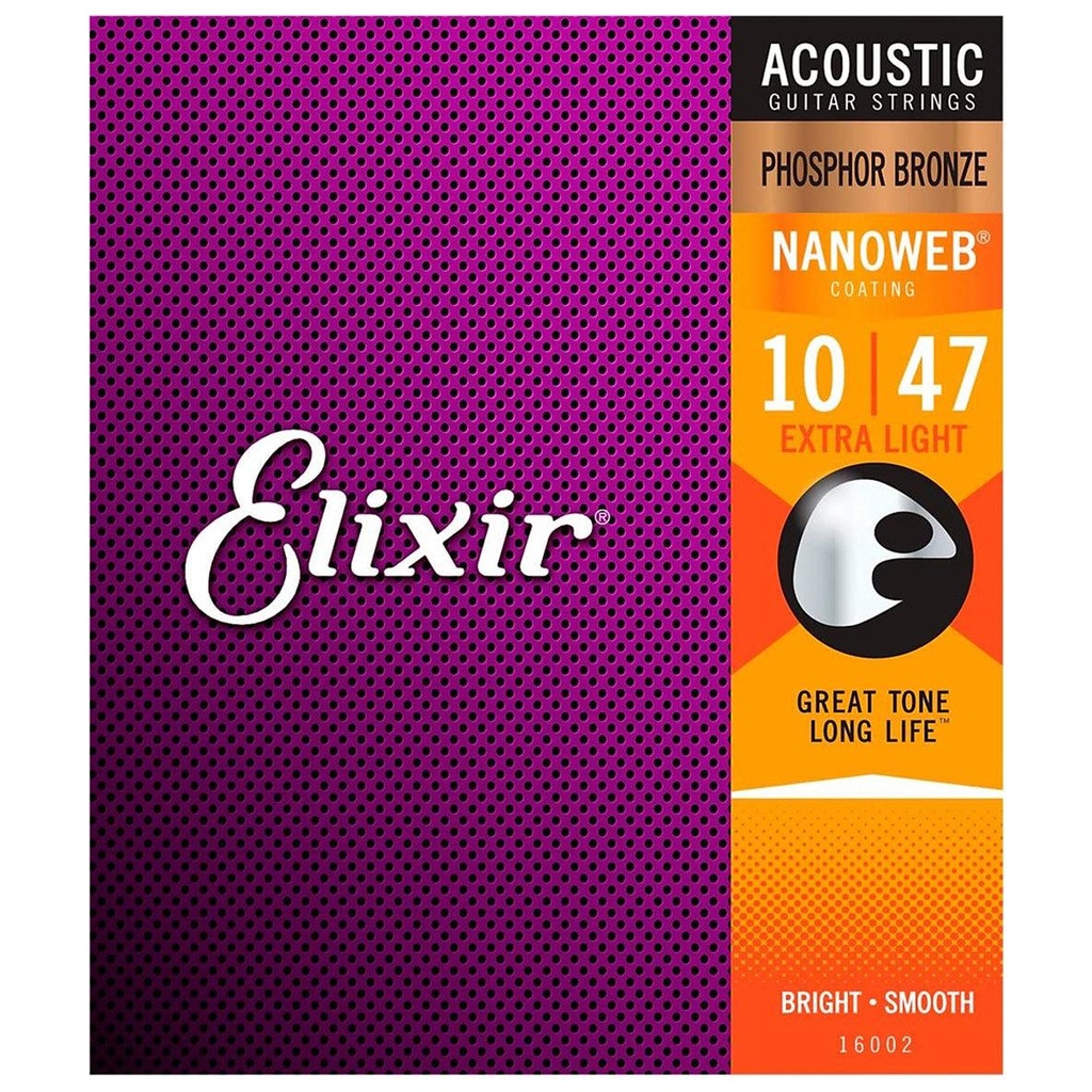 [10225] Elixir 16002 Nanoweb Extra Light Ac. Ph. Br. 6 Corde x Chitarra Acustica 010-047