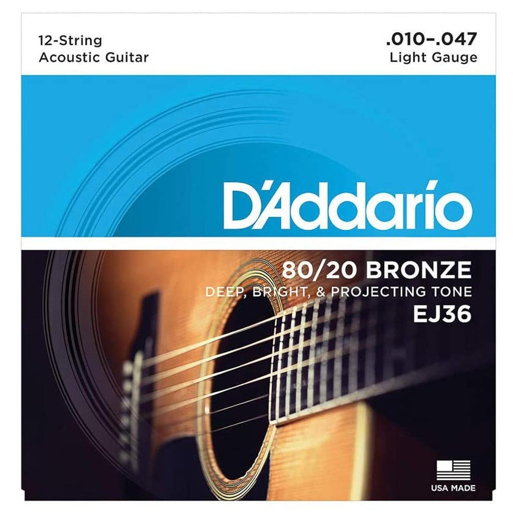[7902] D'Addario EJ36 80/20 Bronze Regular Light 12 Corde 10-47 x Chitarra Acustica