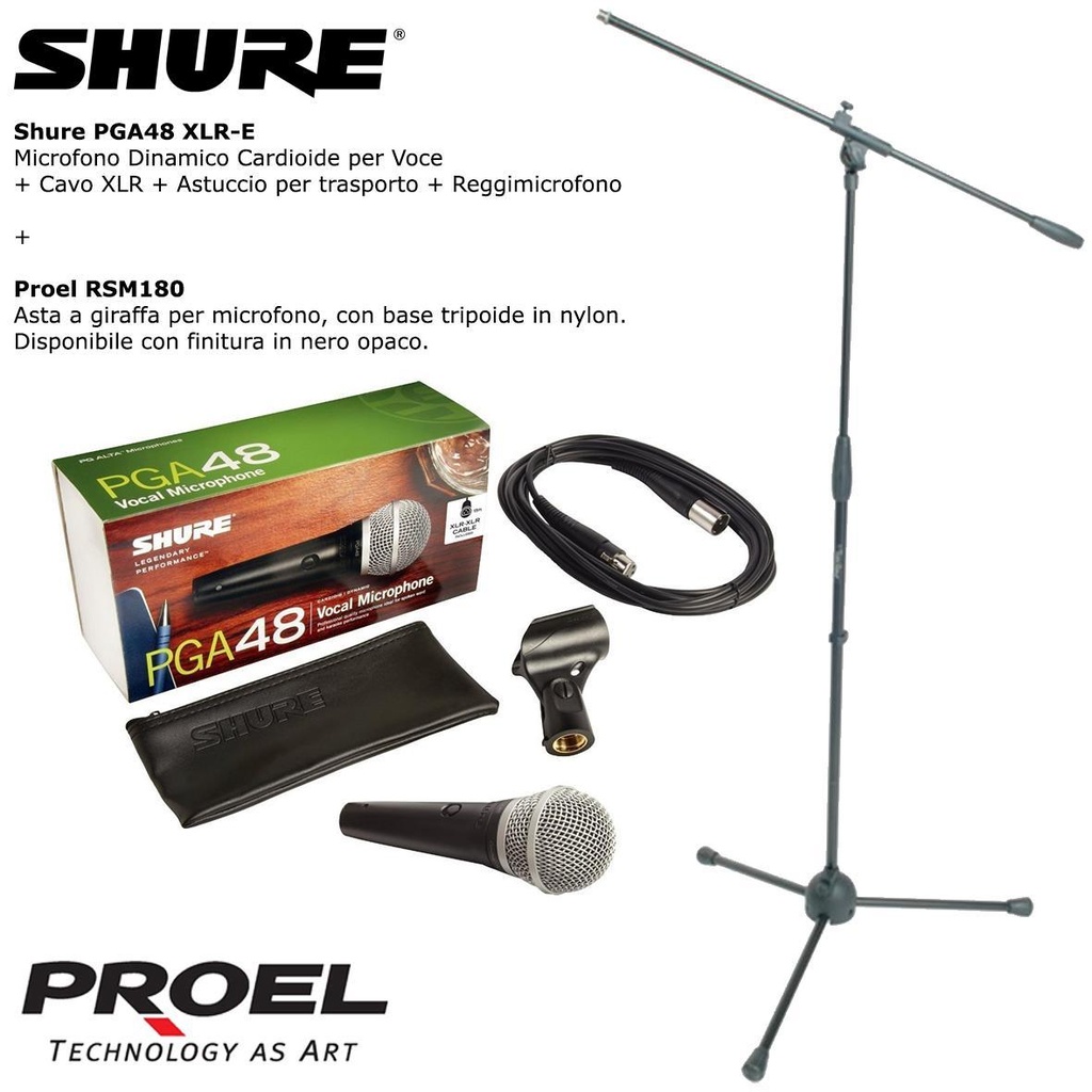 [6503] Shure PGA48 XLR-E Microfono Professionale Voce + Proel RSM180 Asta Giraffa