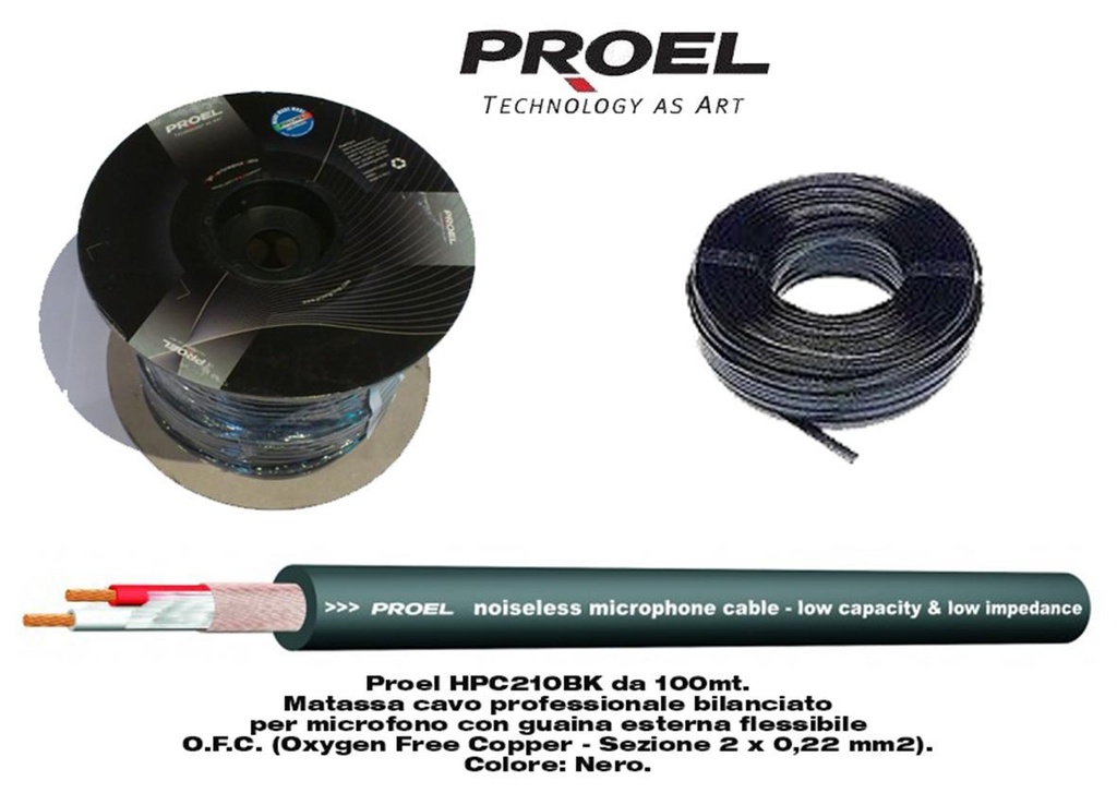 [5835] Proel HPC210BK BOBINA 100mt matassa Cavo bilanciato professionale per microfono